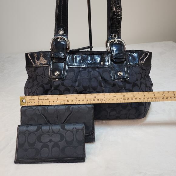 Coach Matching Purse Set of 3 Handbag Wallets Black Canvas Patent Leather - Picture 5 of 13